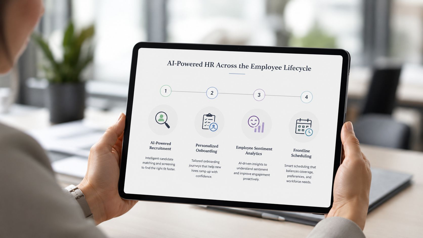 A person holding a tablet showing an infographic about AI-powered human resources processes across the employee lifecycle.
