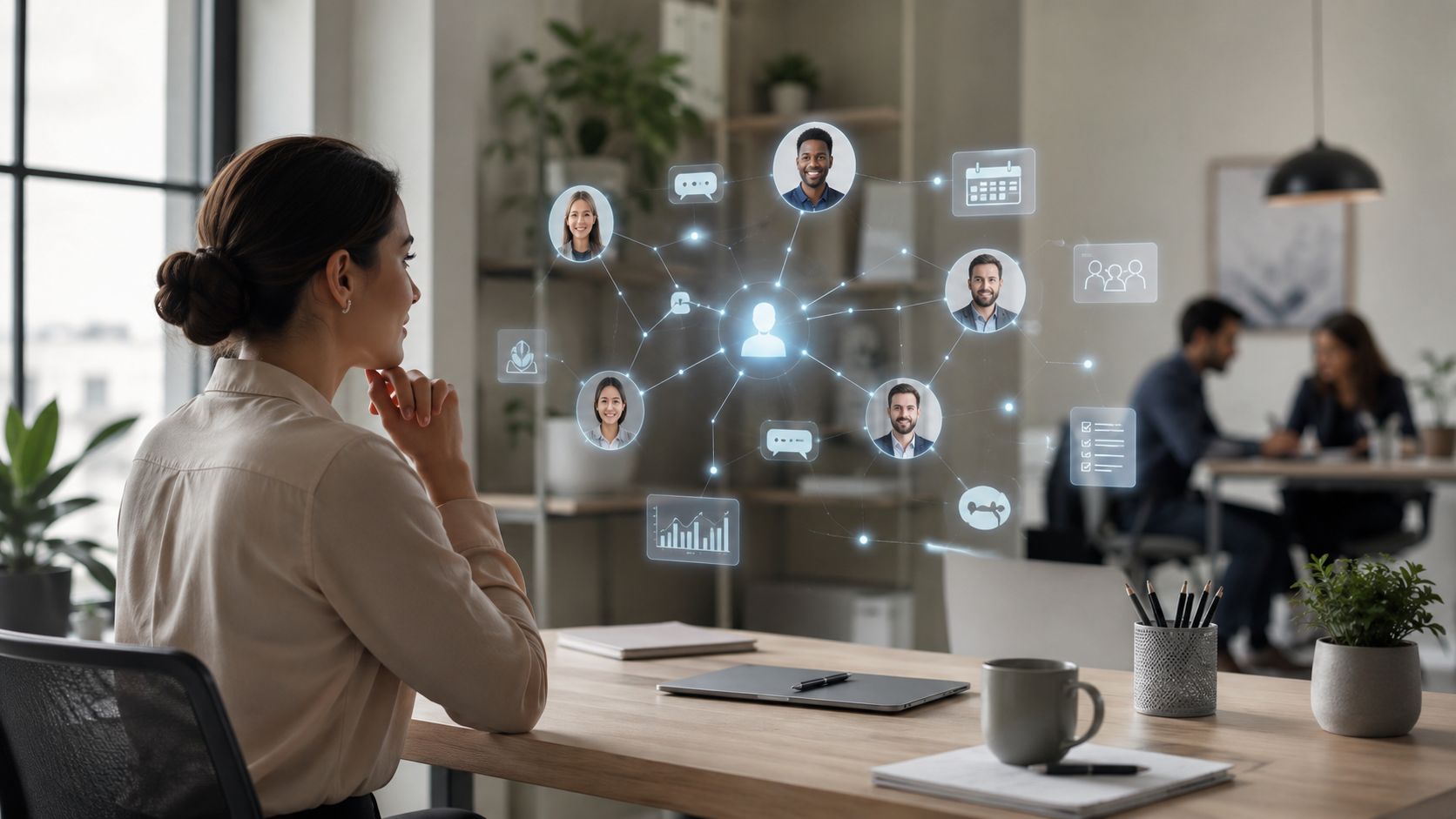 A woman looks at a digital network interface of professional contacts while sitting at her office desk.