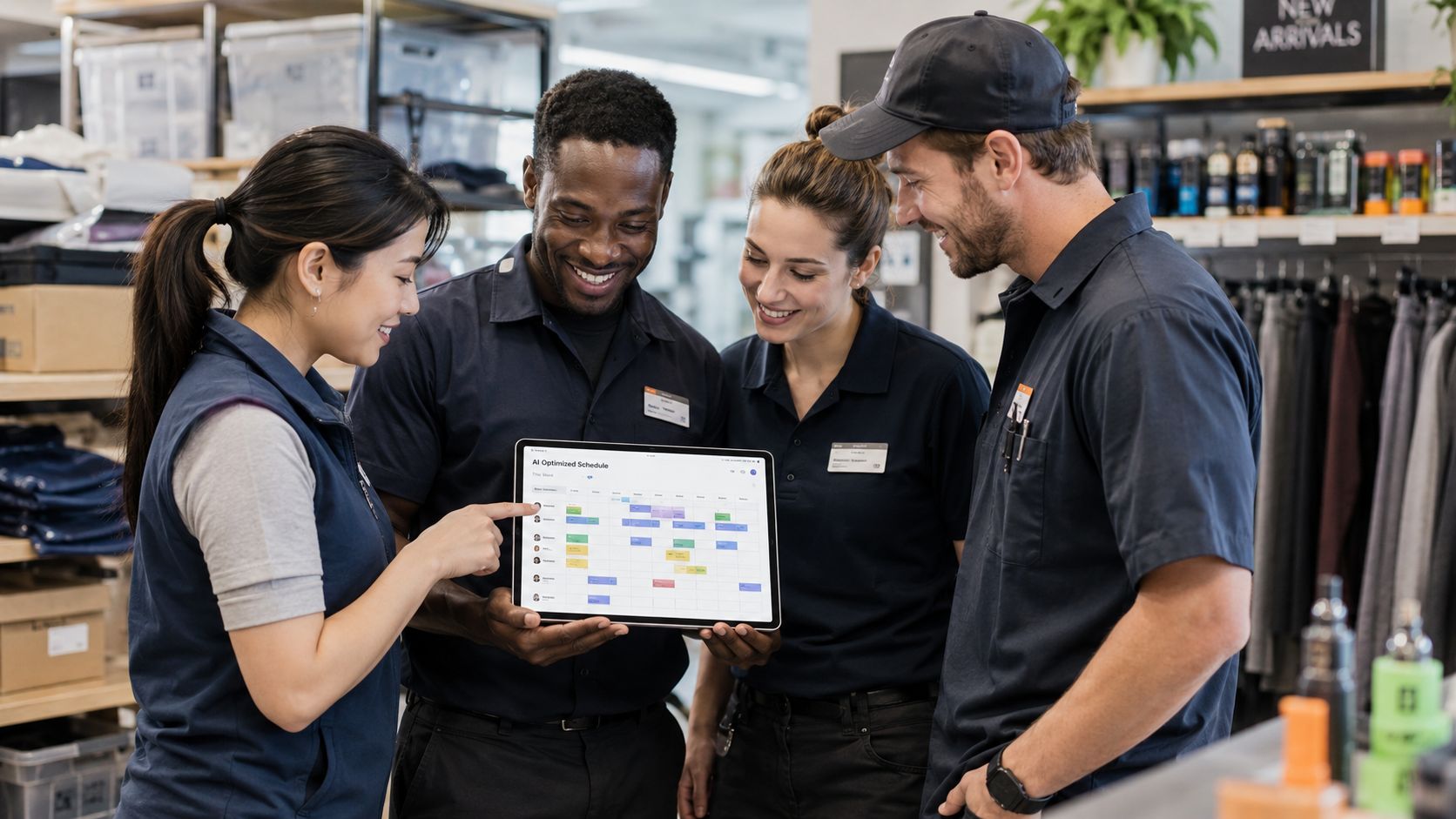 A diverse team of retail employees collaborating while reviewing an AI optimized shift schedule on a tablet.