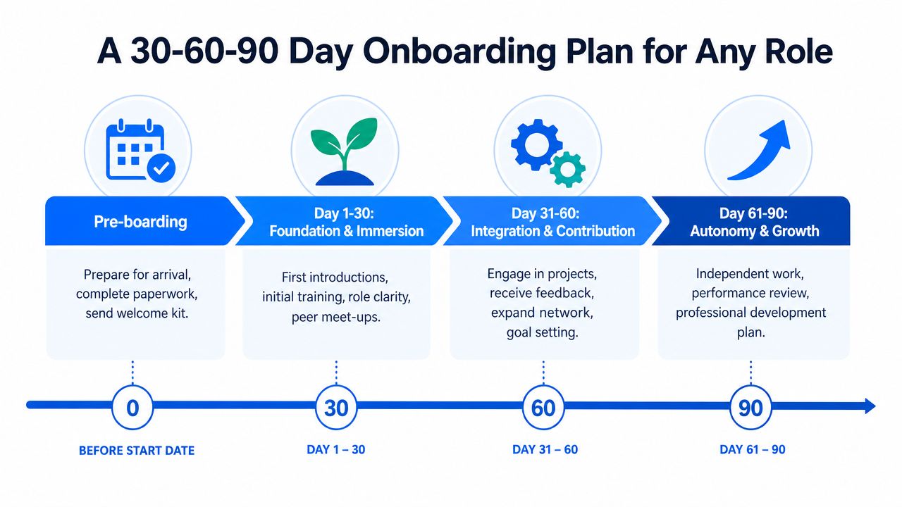 An infographic showing a four-stage 30-60-90 day employee onboarding plan from pre-boarding to growth.