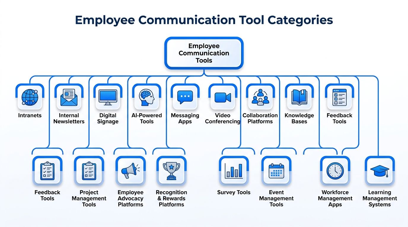 A hierarchical flowchart illustrating various categories of employee communication tools used in a professional workplace setting.