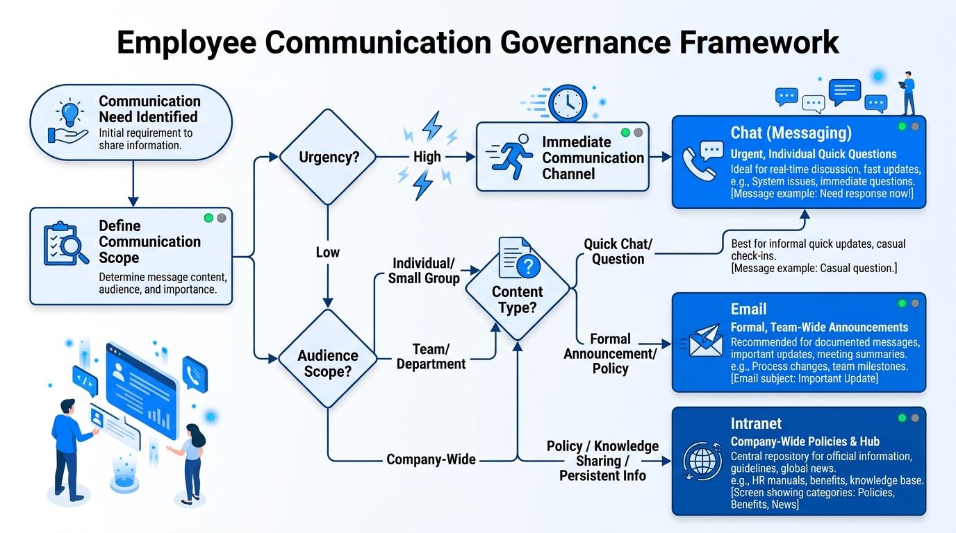 An employee communication governance framework flowchart showing decision paths to choose between chat, email, or intranet platforms.