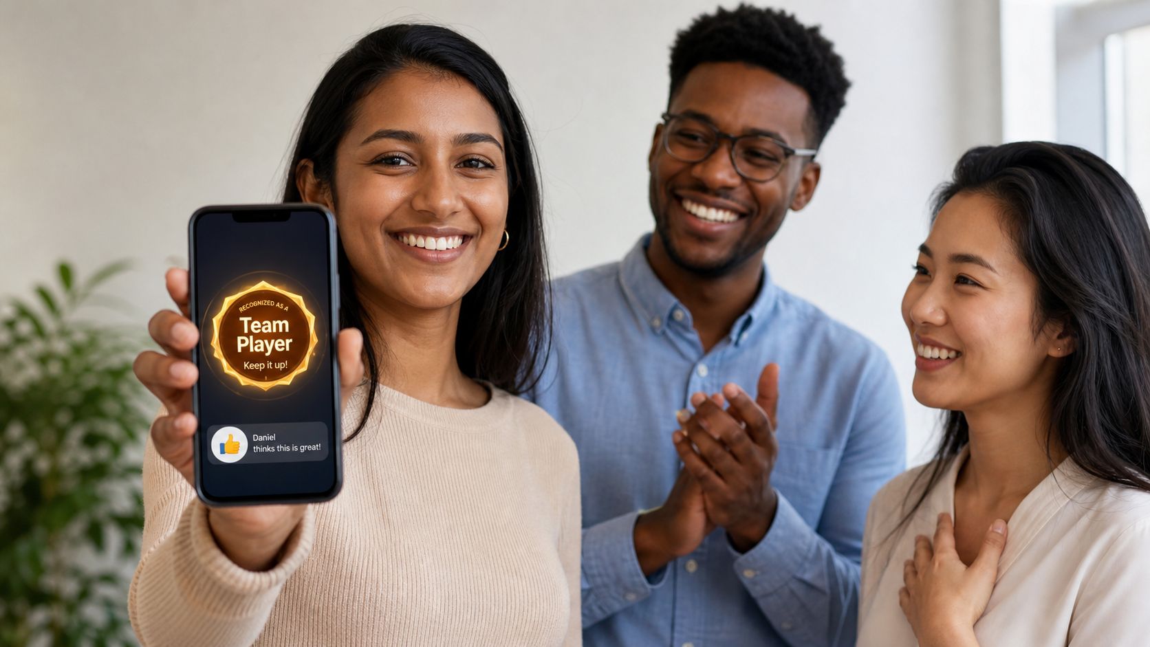A woman holds up a phone showing a team player recognition award to her smiling colleagues.