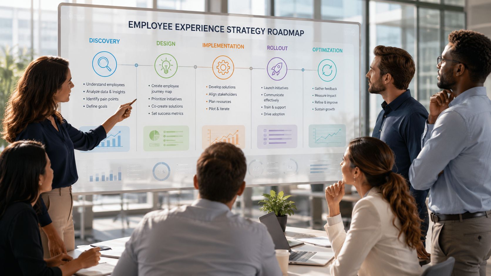 A professional team collaborates on an employee experience strategy roadmap presented on a large glass whiteboard.