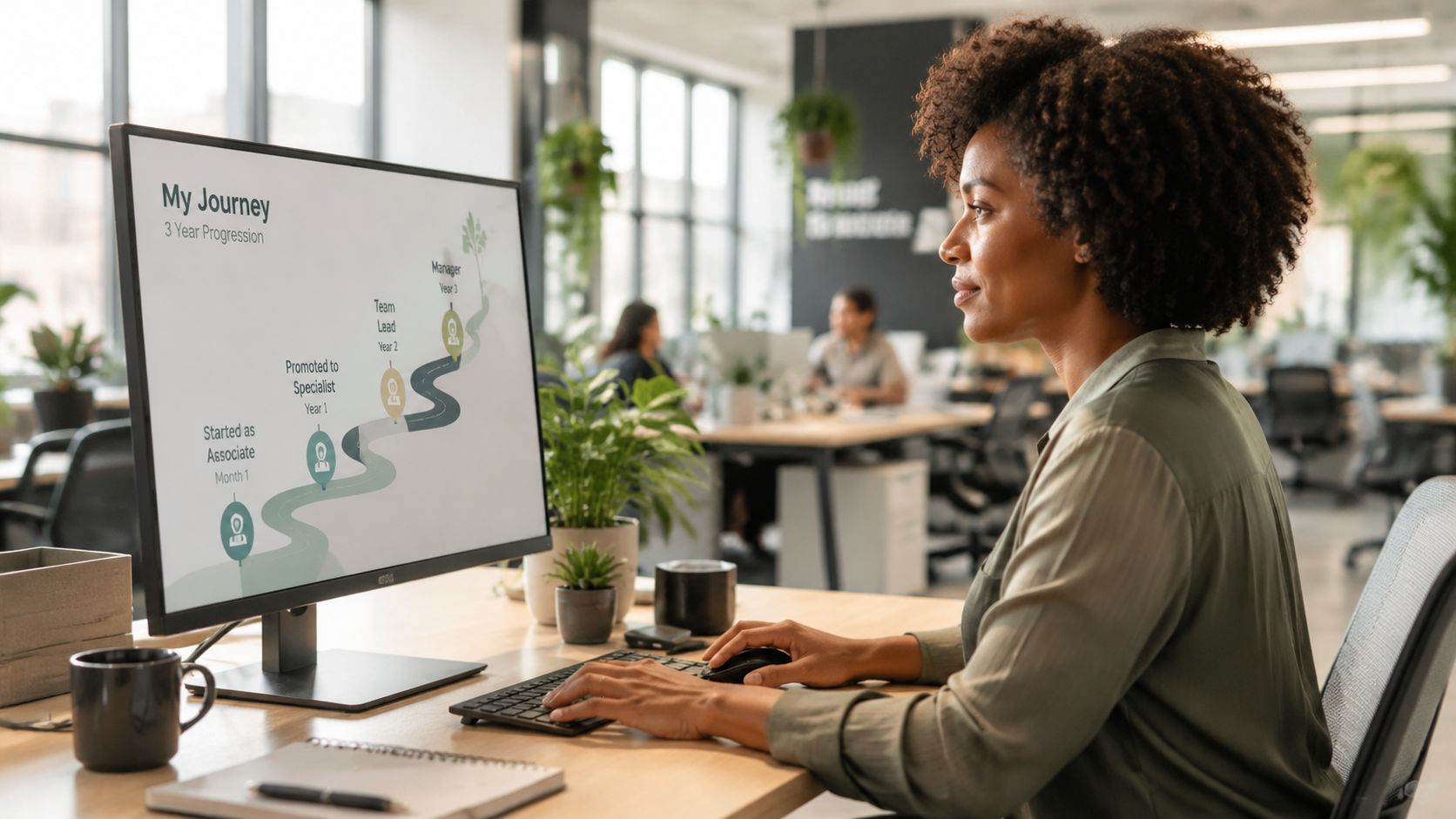 A professional woman viewing her career growth roadmap on a computer screen in a modern office.
