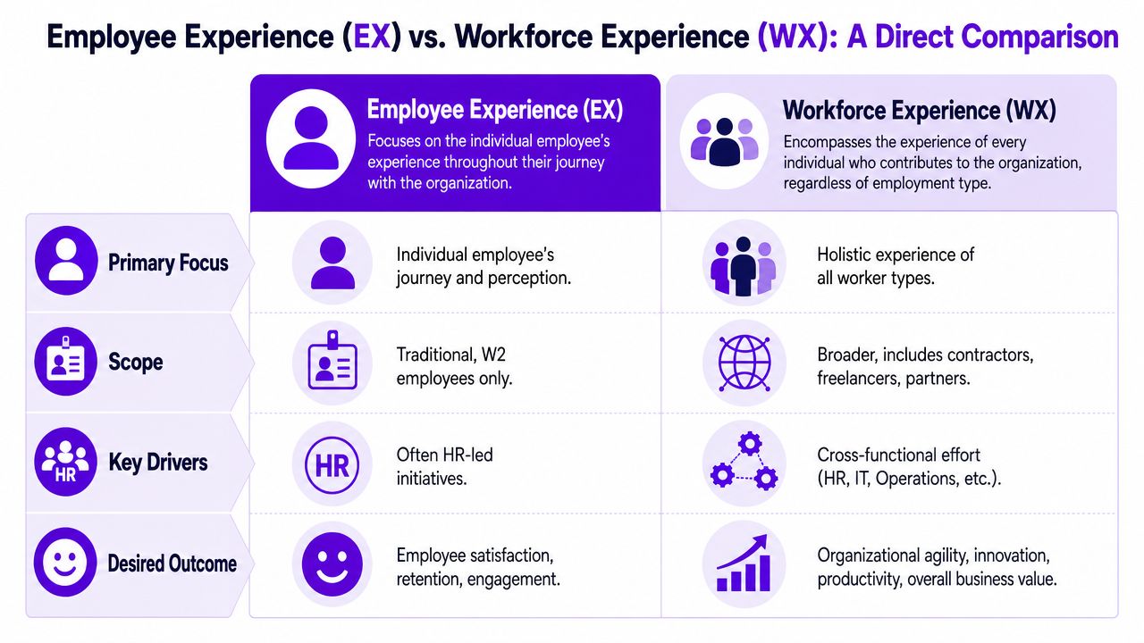 A comparison chart outlining the key differences between Employee Experience (EX) and Workforce Experience (WX) concepts.