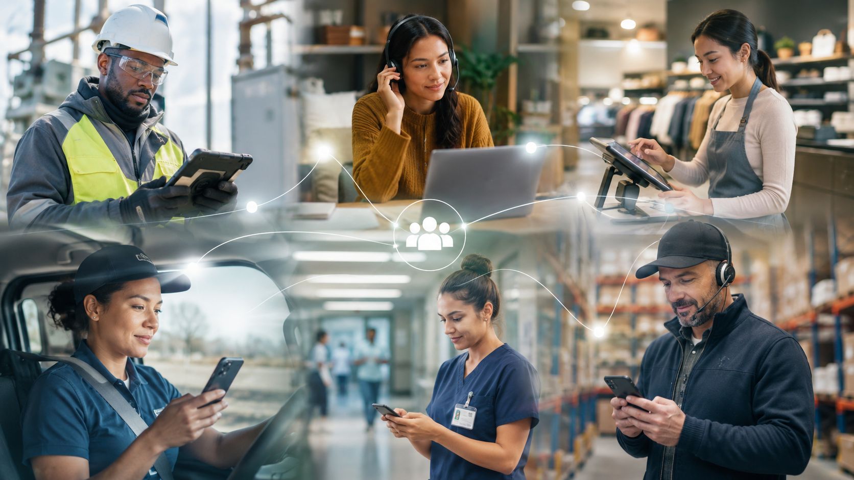 A collage showing diverse employees from various industries using digital devices connected by a central network icon.