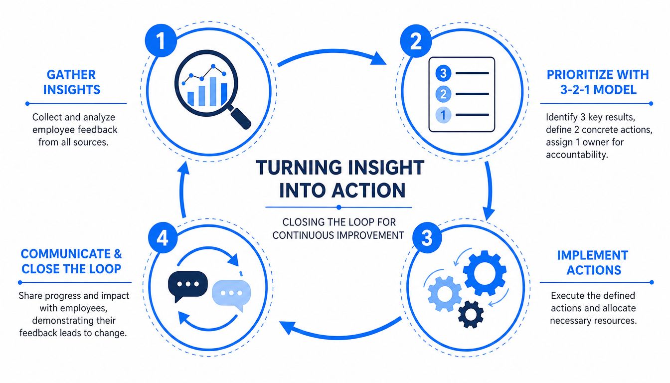 A circular process diagram illustrating four steps for an effective employee listening strategy and continuous improvement.