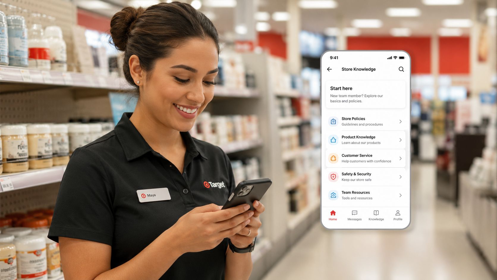 A smiling Target employee using a store knowledge app on her smartphone while standing in the aisle.