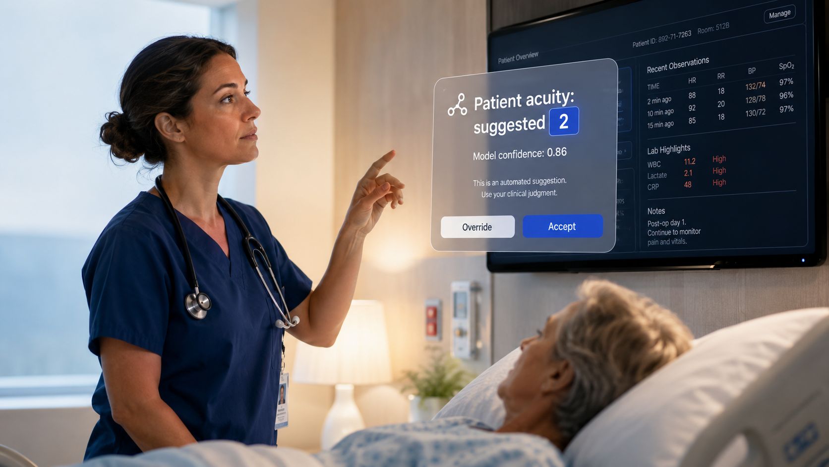 A healthcare professional pointing at a digital patient data display while attending to a hospital patient.