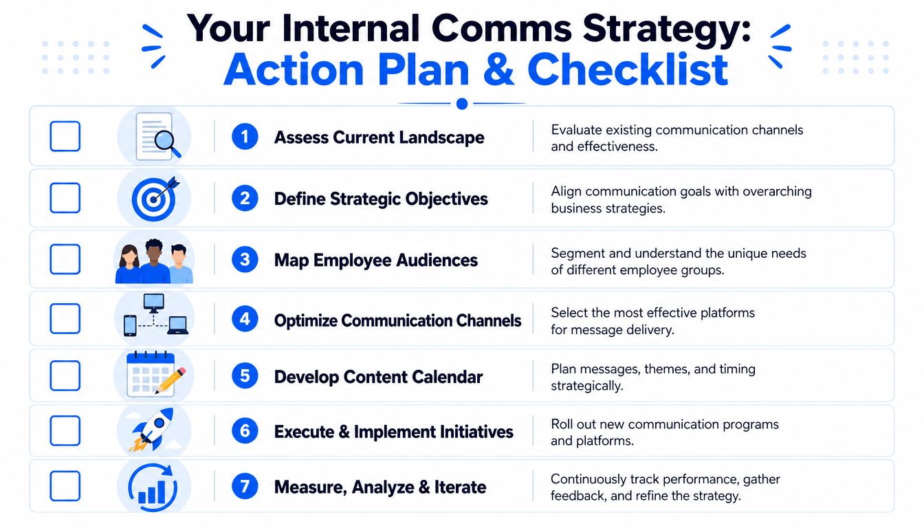 A seven-step checklist graphic outlining an internal communications strategy for business implementation and planning.