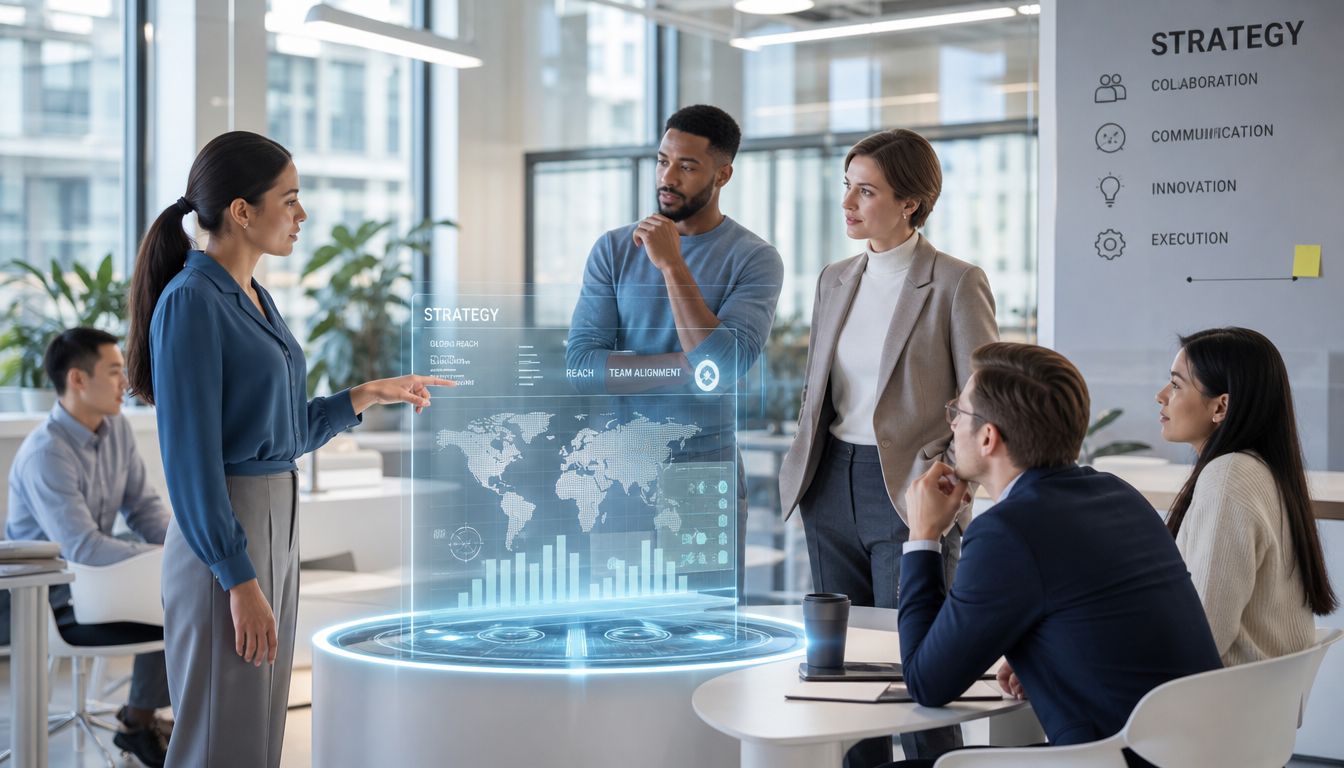 A professional team collaborates around a holographic table displaying a digital world map and strategy metrics.