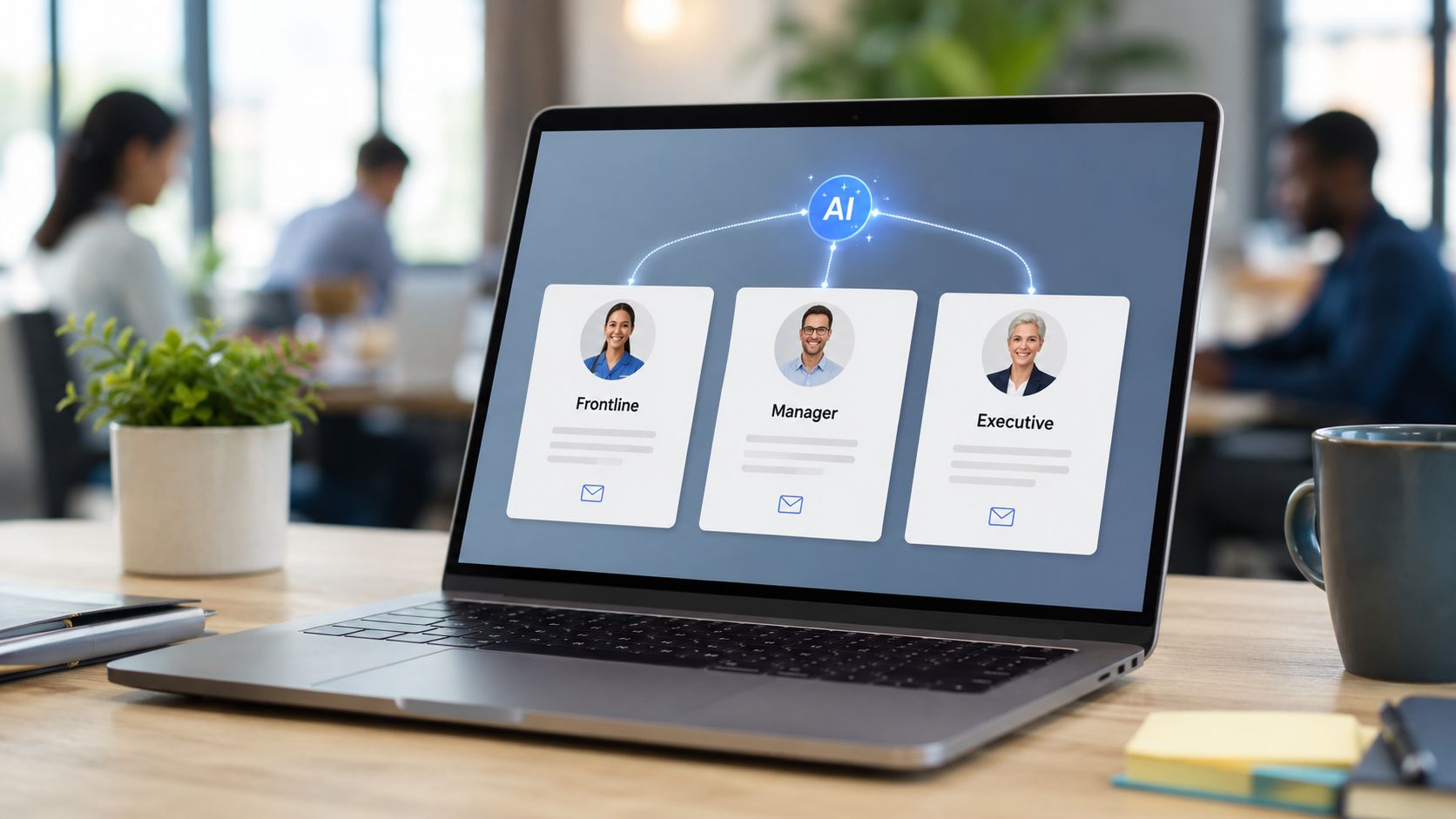 A laptop screen displaying an AI-powered organizational chart connecting frontline, manager, and executive roles for efficient communication.