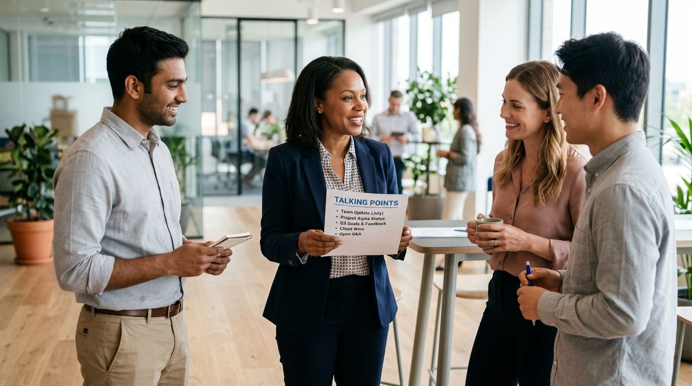 A diverse team of business professionals discussing talking points during a meeting in a modern bright office.