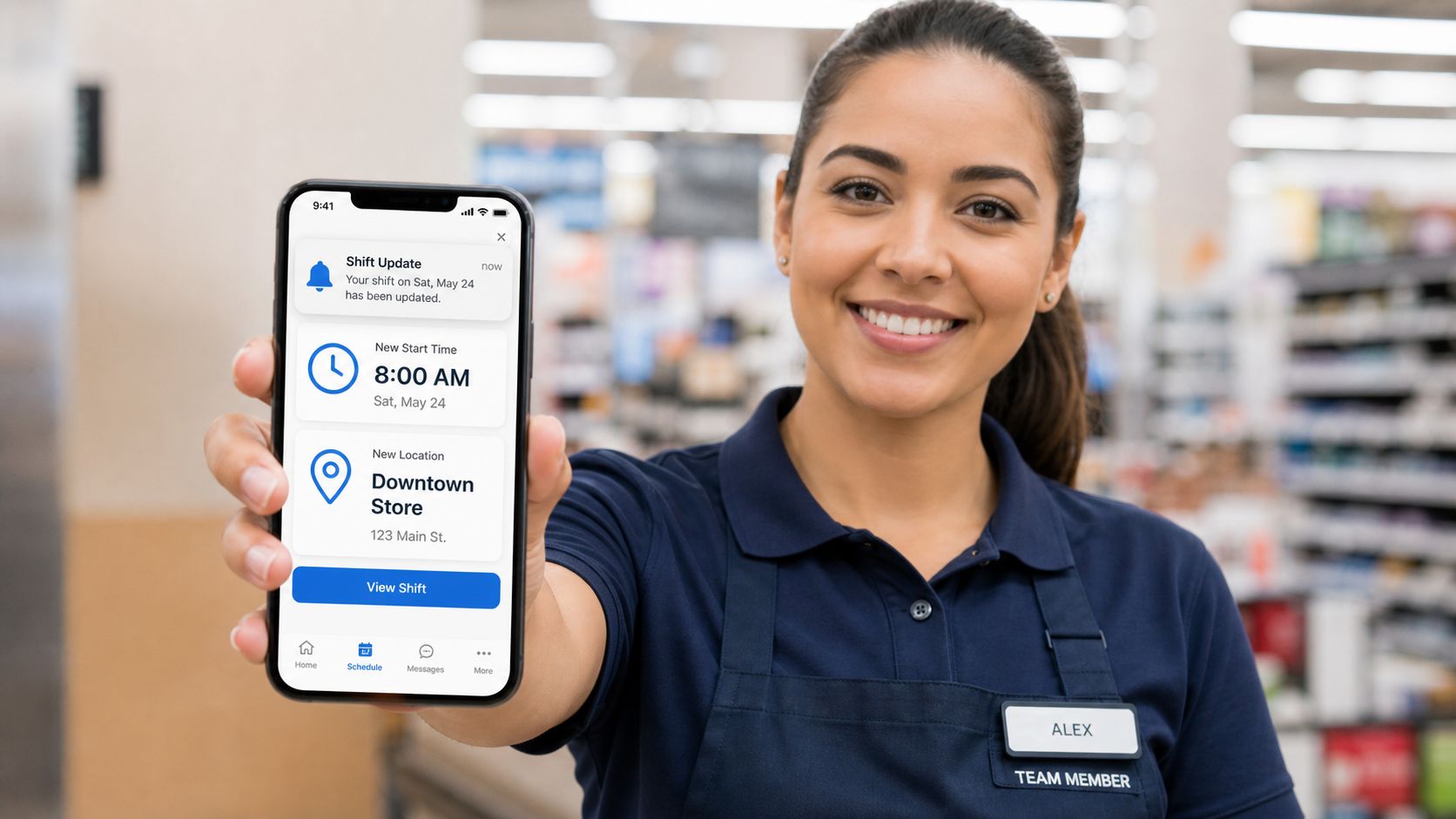 A smiling retail employee holding a smartphone displaying a shift update notification in a store.
