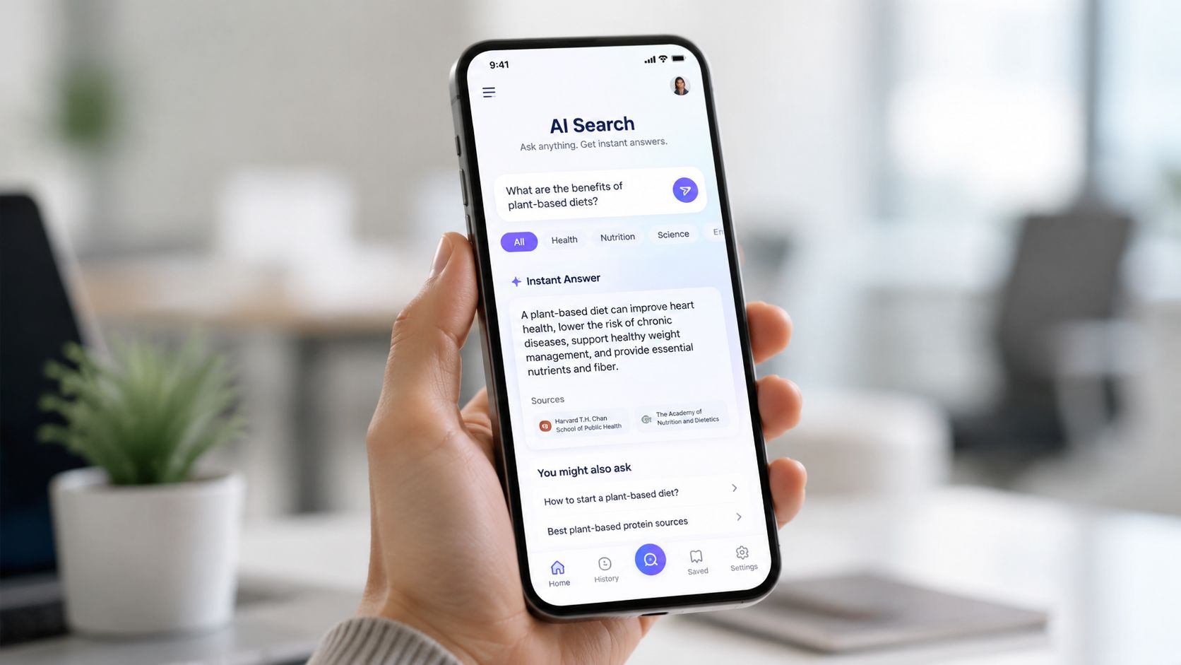 A hand holding a smartphone displaying an AI search interface about the benefits of plant-based diets.