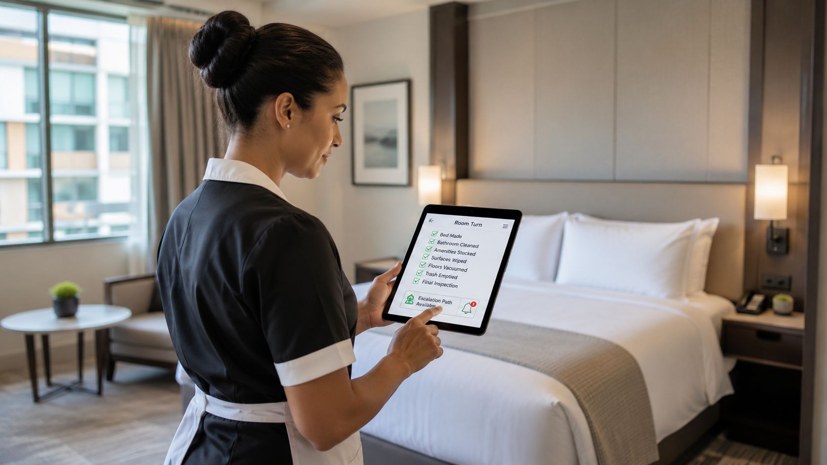A professional housekeeper holding a tablet showing a checklist while working in a modern hotel room.