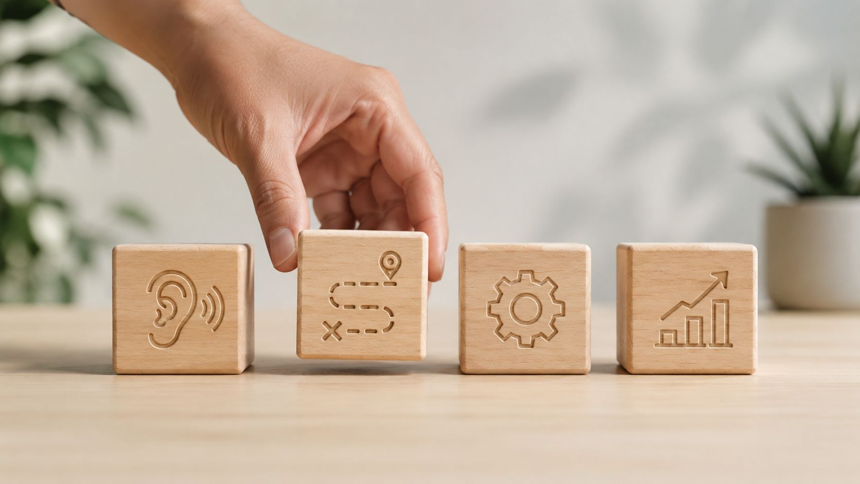 A hand placing a wooden block with a route icon next to other business development concept cubes.