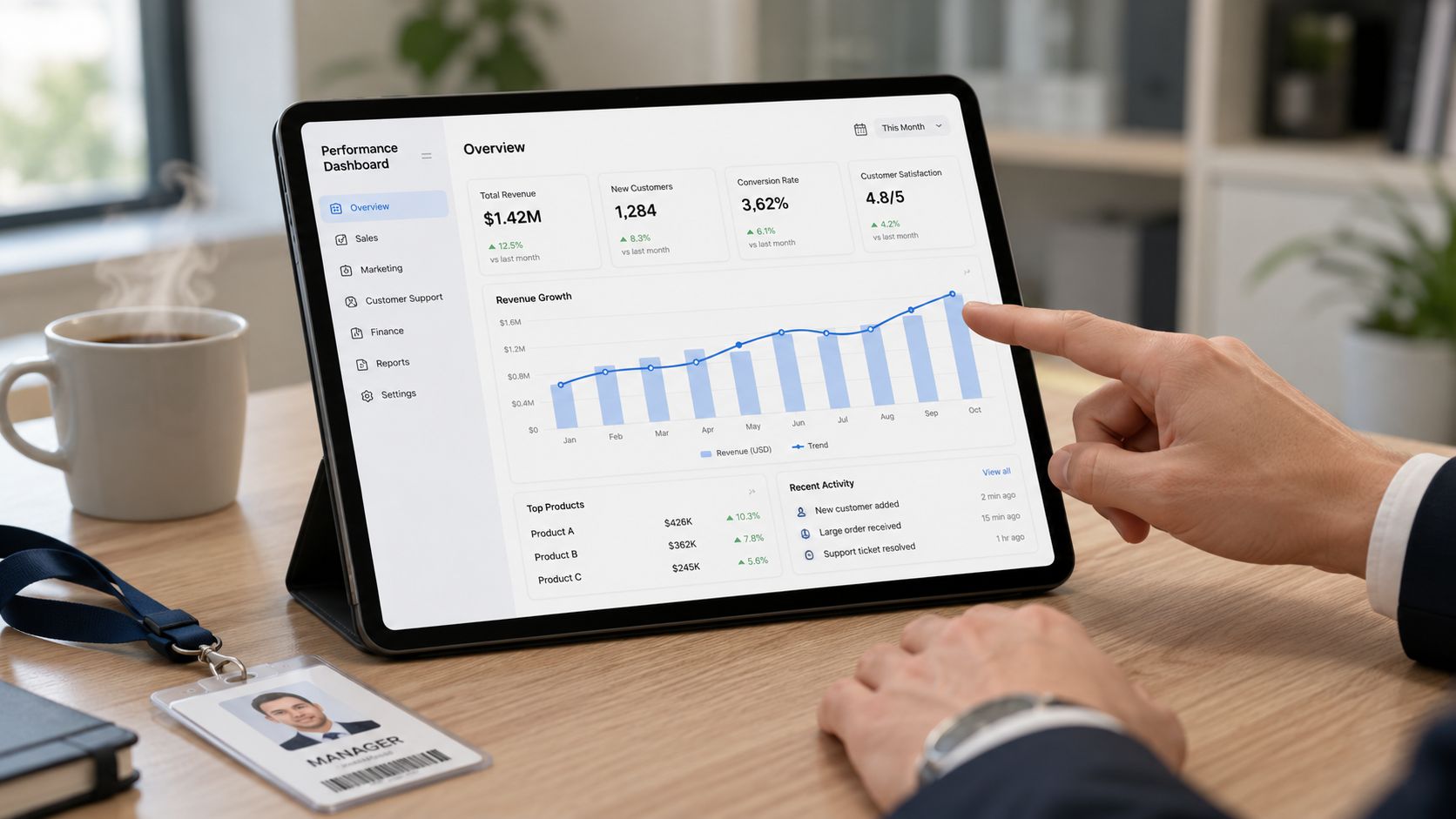 A professional manager reviews business performance dashboard data on a tablet while sitting at an office desk.