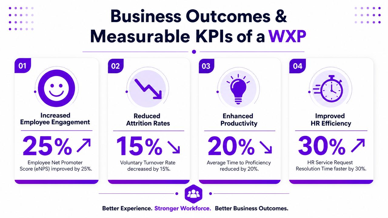 An infographic showing four key business outcomes and measurable KPIs of a workforce experience platform.