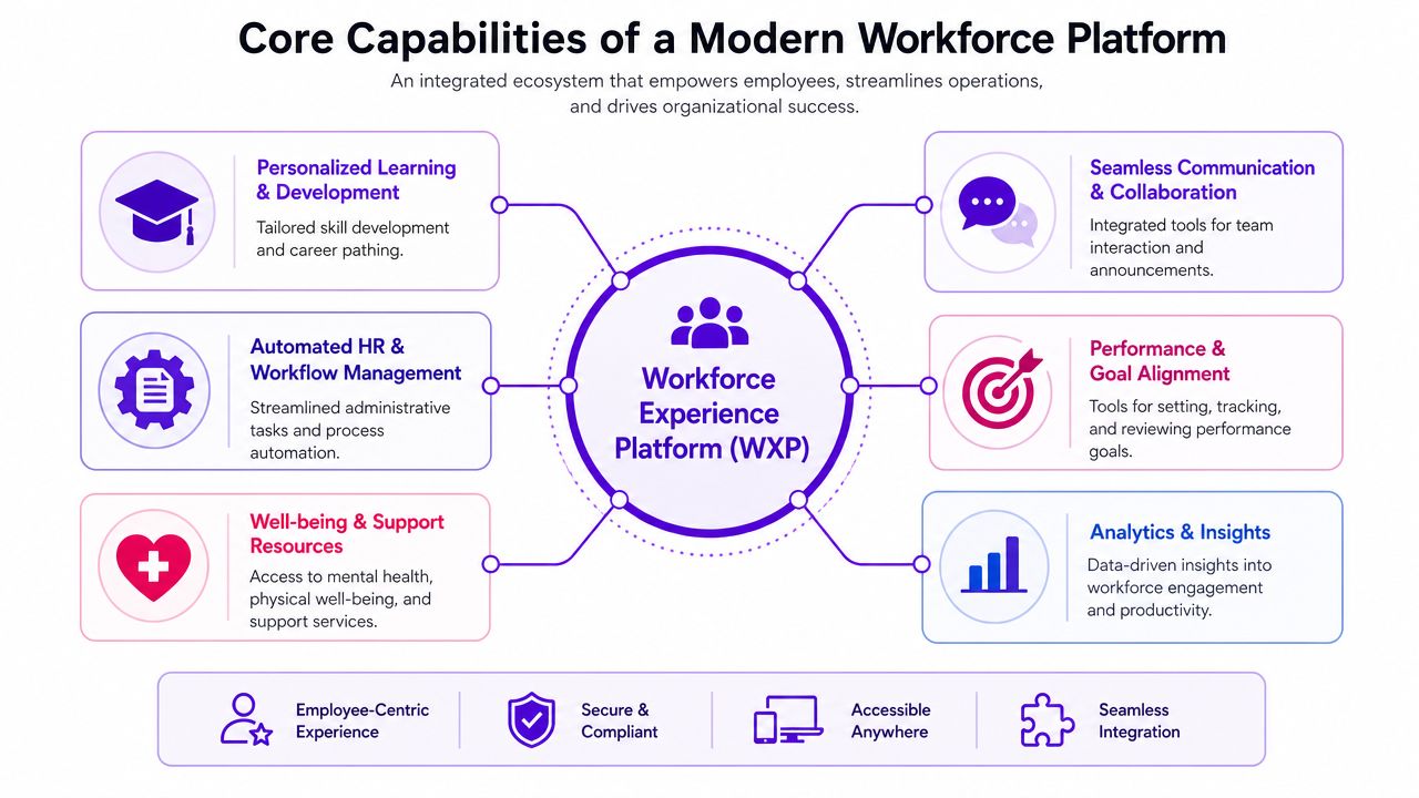 A diagram illustrating the core capabilities of a modern Workforce Experience Platform within an integrated digital ecosystem.
