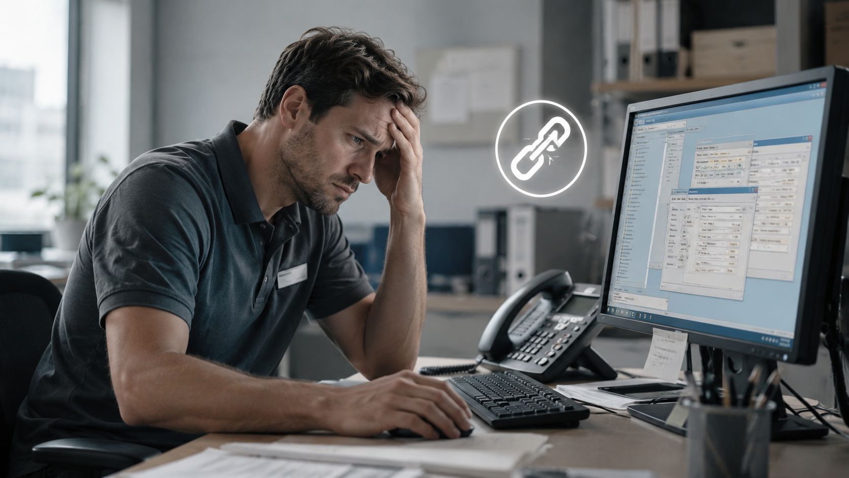 A frustrated office worker sitting at a desk looking at a computer screen showing technical software errors.