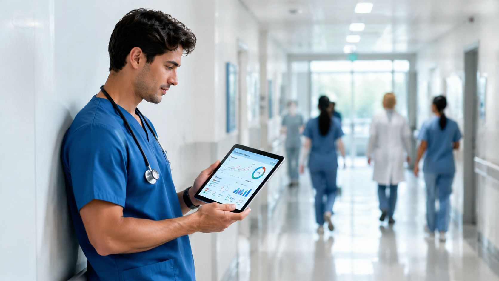 A male nurse in blue scrubs using a digital tablet to review medical charts in a hospital hallway.