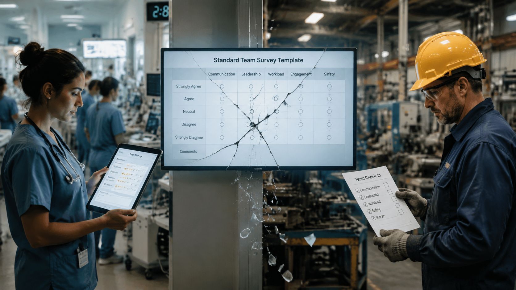 A healthcare professional and a factory worker stand in a facility, reviewing safety surveys in front of a broken screen.