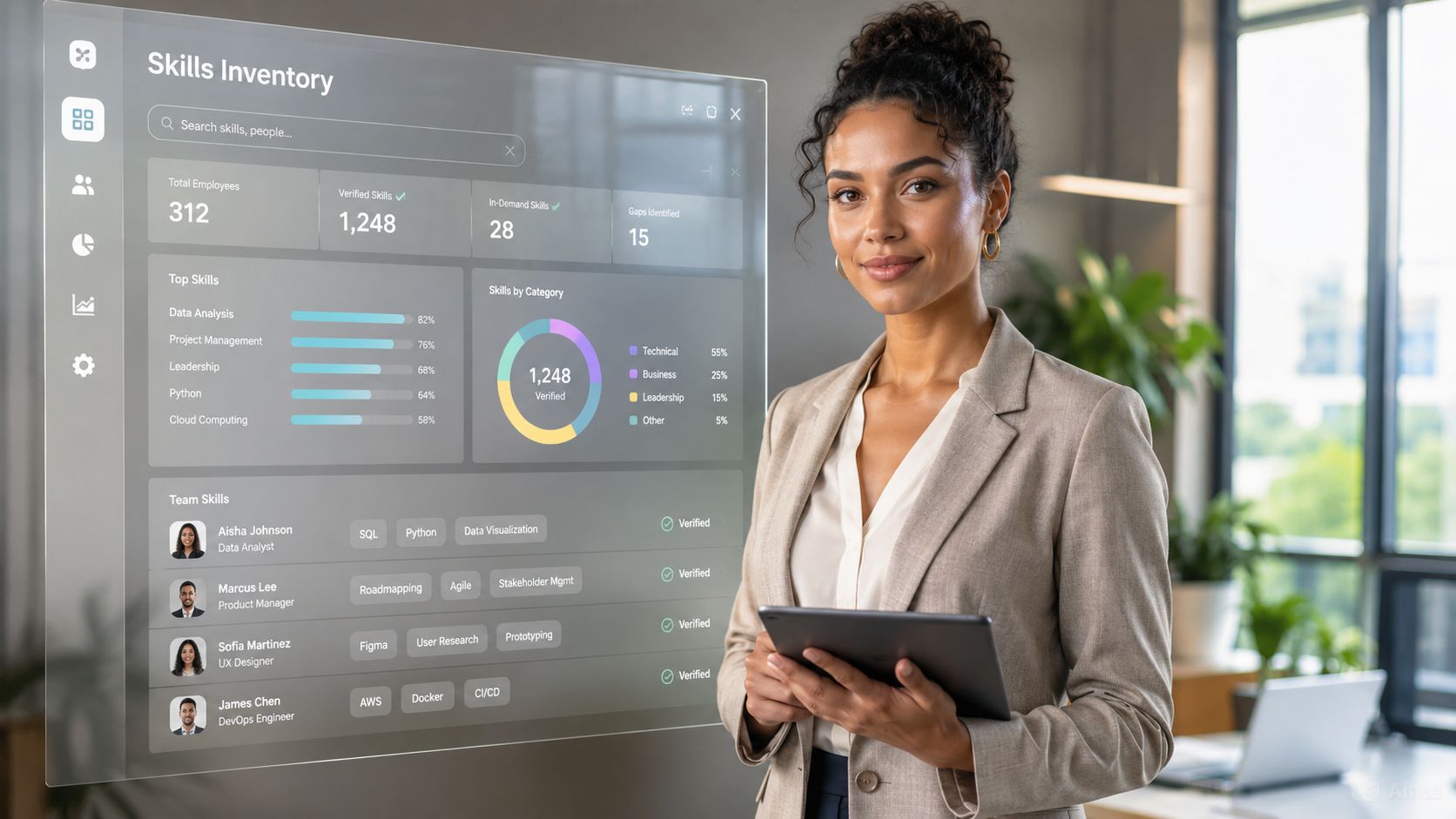 A professional woman presenting a digital skills inventory dashboard on a transparent interface in a modern office.