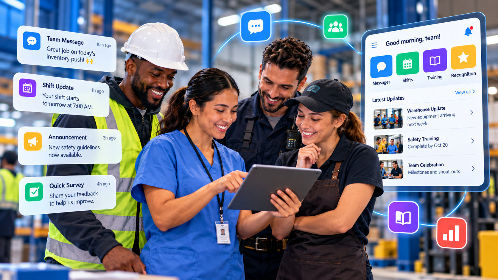 Frontline employees using a digital communication platform for team messages, shift updates, safety announcements and employee surveys.