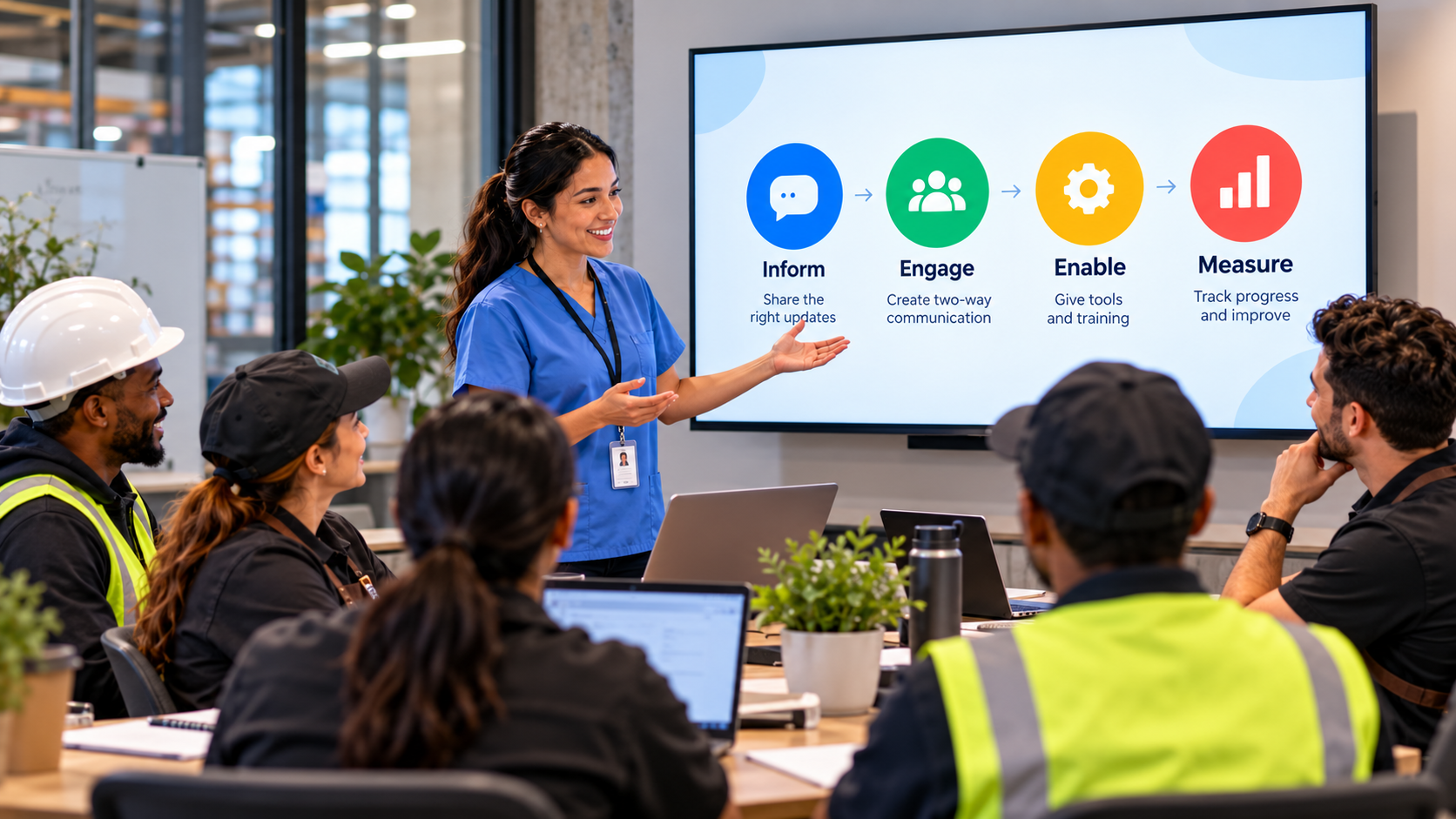 Frontline communication training session showing a four-step framework of inform, engage, enable and measure.
