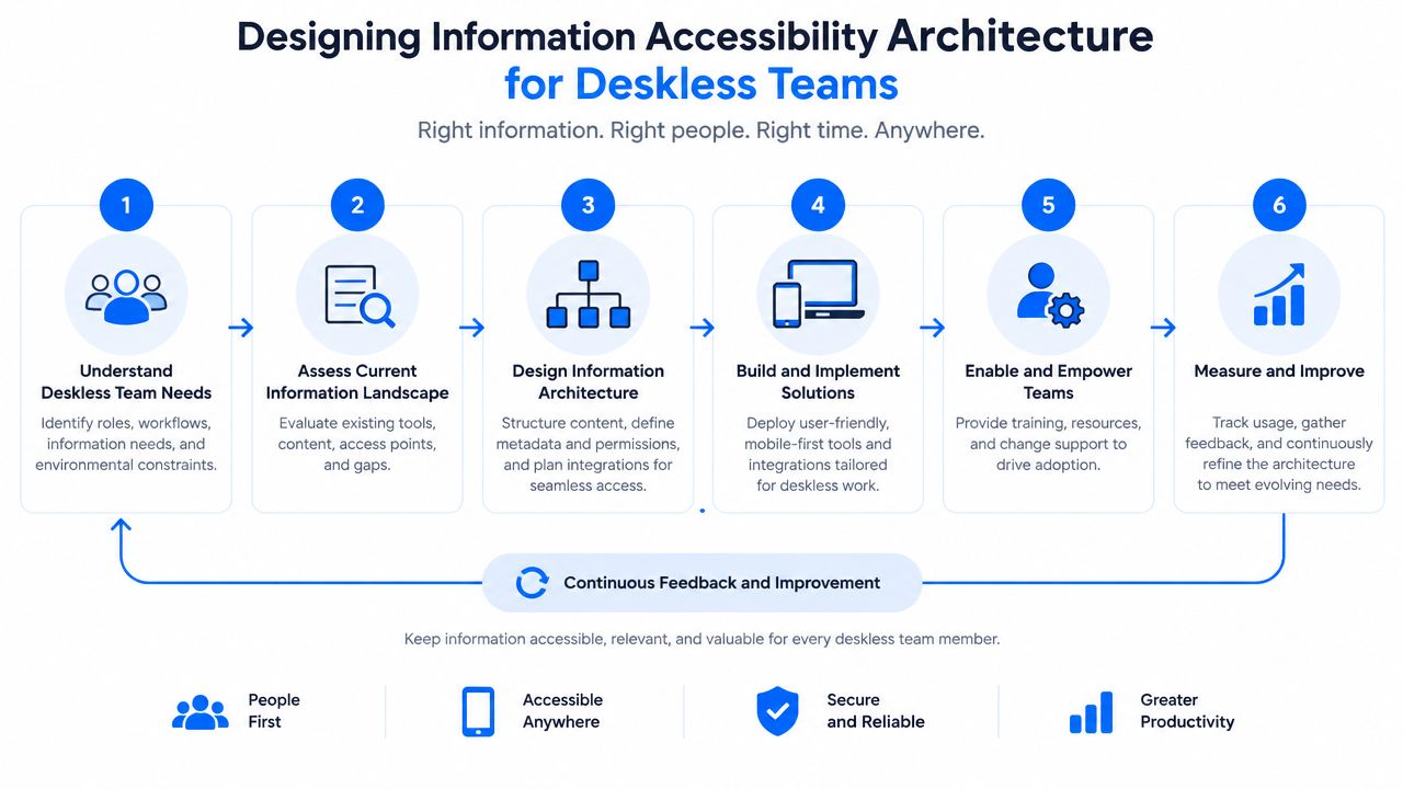 A six-step diagram illustrating the process of designing information accessibility architecture for deskless teams and frontline workers.