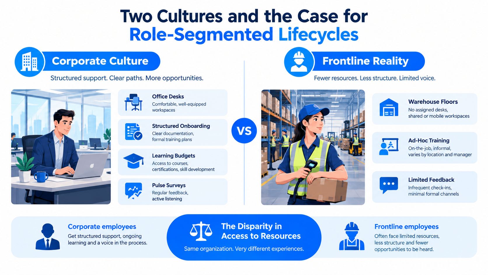 An infographic illustrating the disparity in work experiences between corporate office employees and frontline warehouse workers.