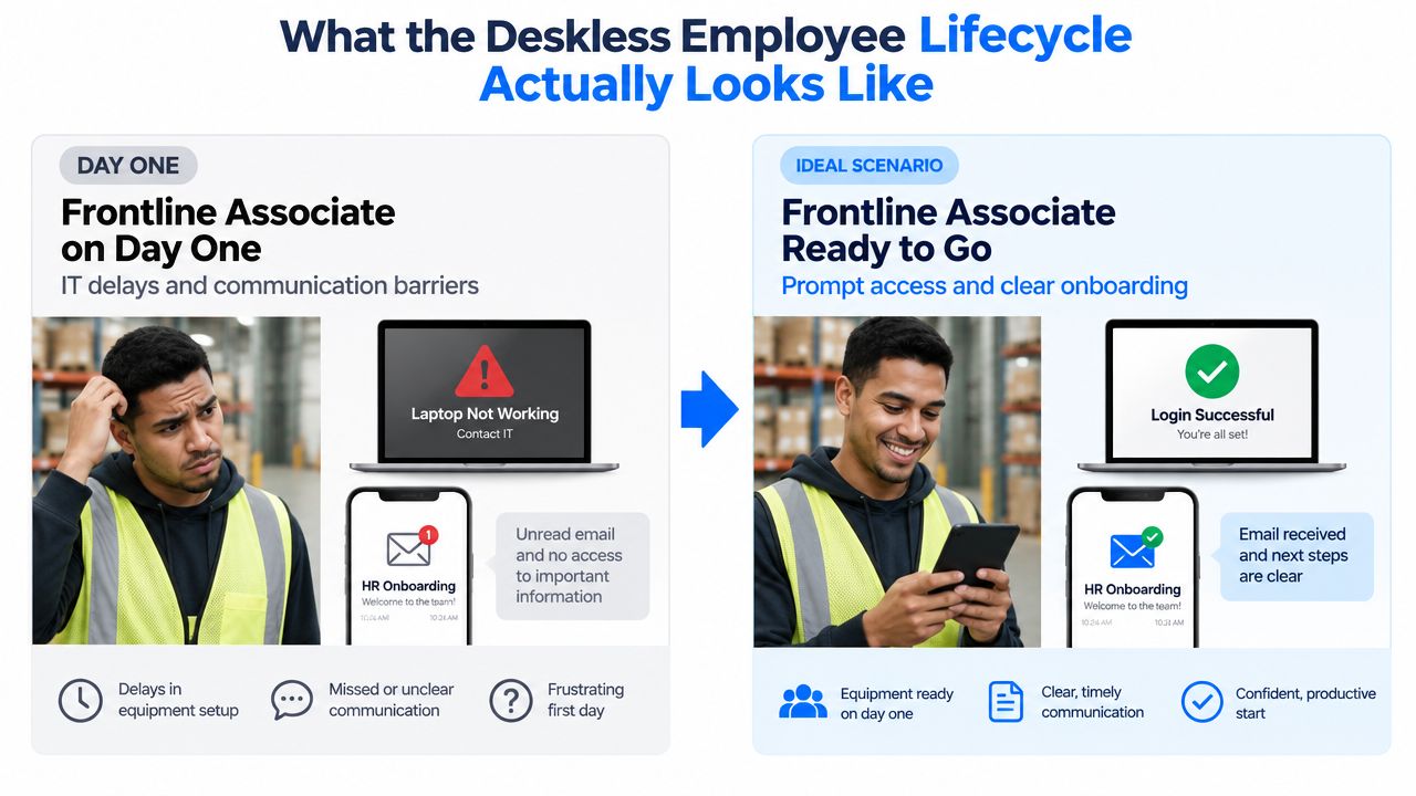 A comparison of a frustrating first day versus an ideal onboarding experience for a deskless employee.