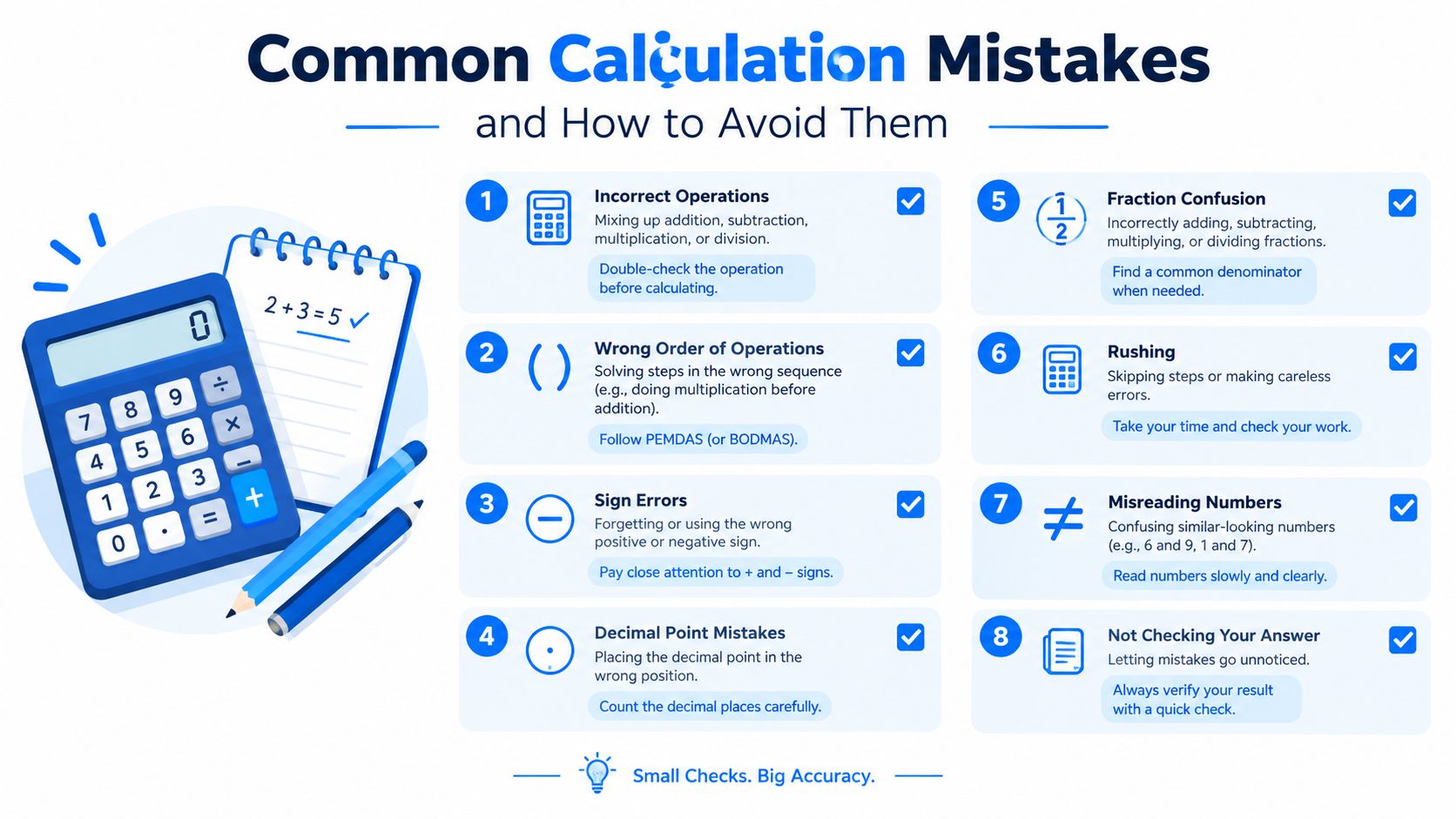An infographic titled Common Calculation Mistakes and How to Avoid Them listing eight tips for mathematical accuracy.
