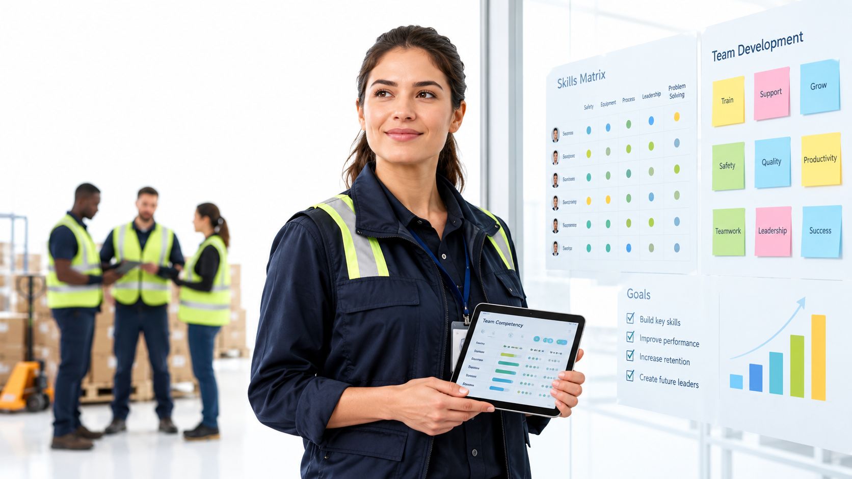 A professional woman in workwear holding a digital tablet with competency data in a warehouse office.