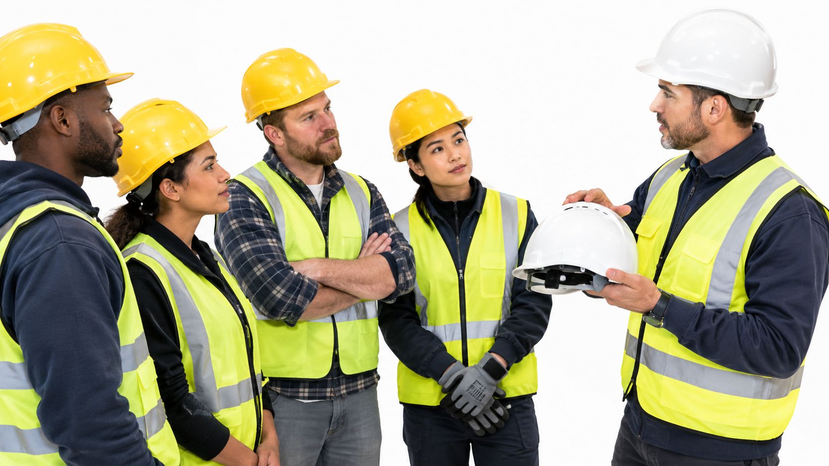 A diverse group of construction workers in safety vests listening to their supervisor holding a hard hat.