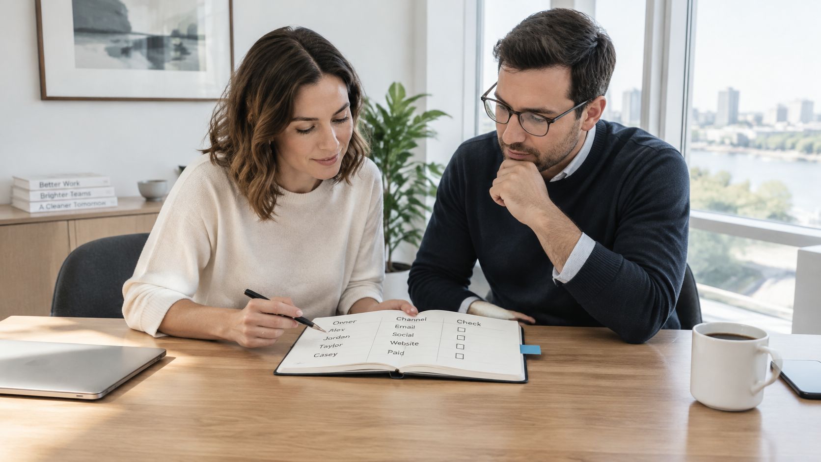A professional couple working together at a wooden table reviewing a business plan in a notebook.