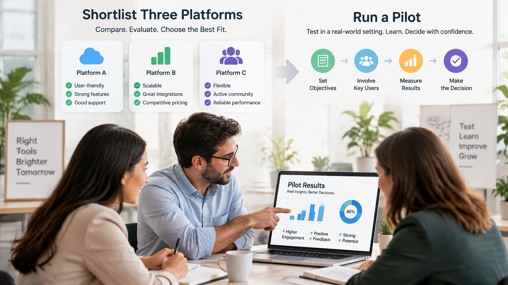 A diverse business team collaborating on platform selection and analyzing pilot results on a laptop screen.