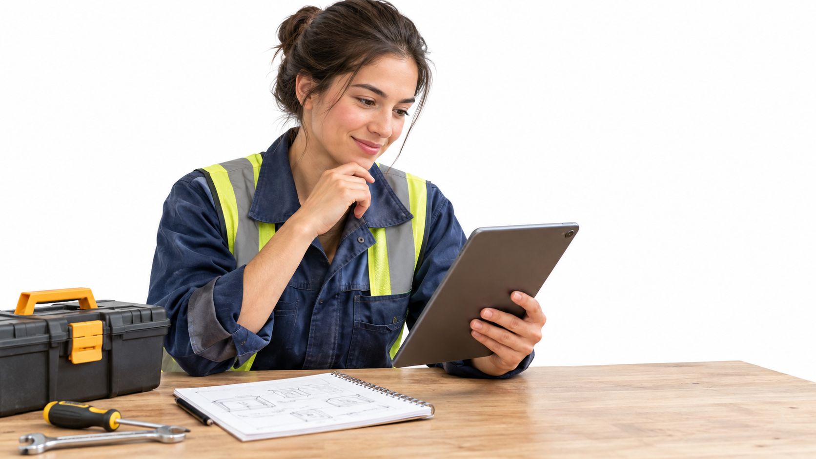 A smiling female worker wearing a reflective vest holds a tablet while looking at technical project plans.