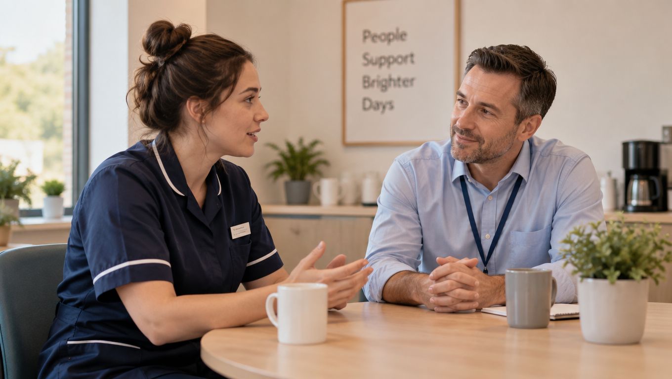 A female healthcare professional in a blue uniform and a male colleague discussing work in an office.