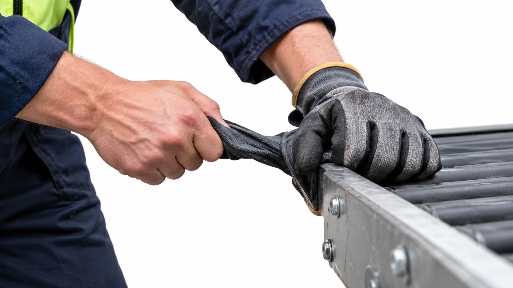 A warehouse worker in blue workwear pulling a black safety glove from his hand at a conveyor.